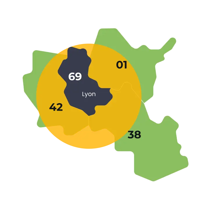 Carte du rayon d’intervention de 100 km autour de Lyon